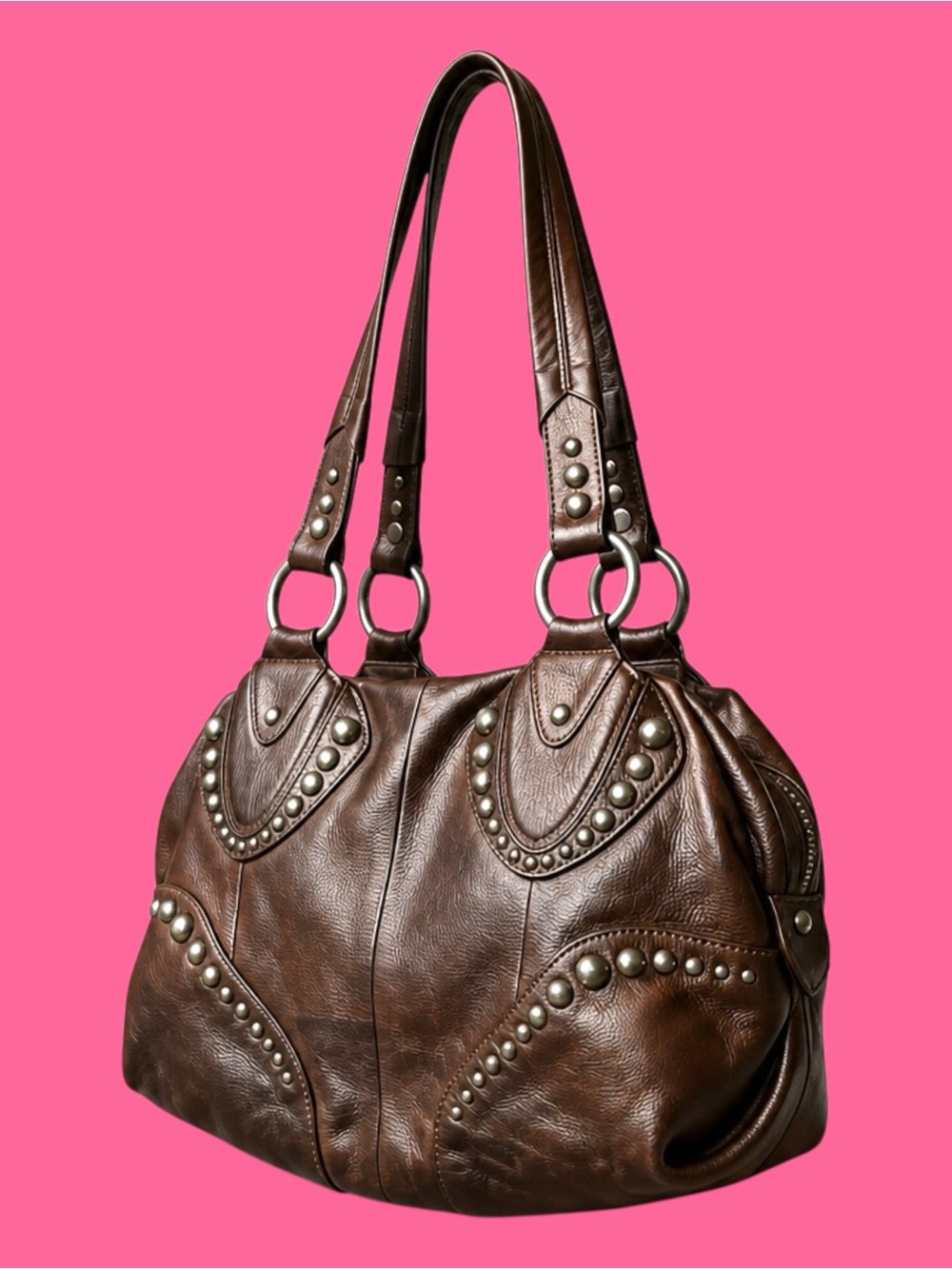 Studded Brown Leather Shoulder Bag